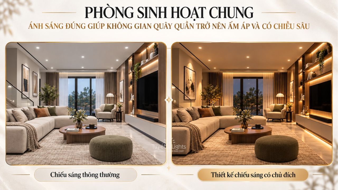 So sánh phòng khách với ánh sáng thông thường và thiết kế chiếu sáng có chủ đích tạo không gian ấm áp, có chiều sâu